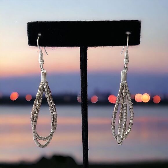 Seed Bead Silver Teardrop Earrings Silver Tone Summer Festival Dangle Sparkly. - Picture 1 of 14